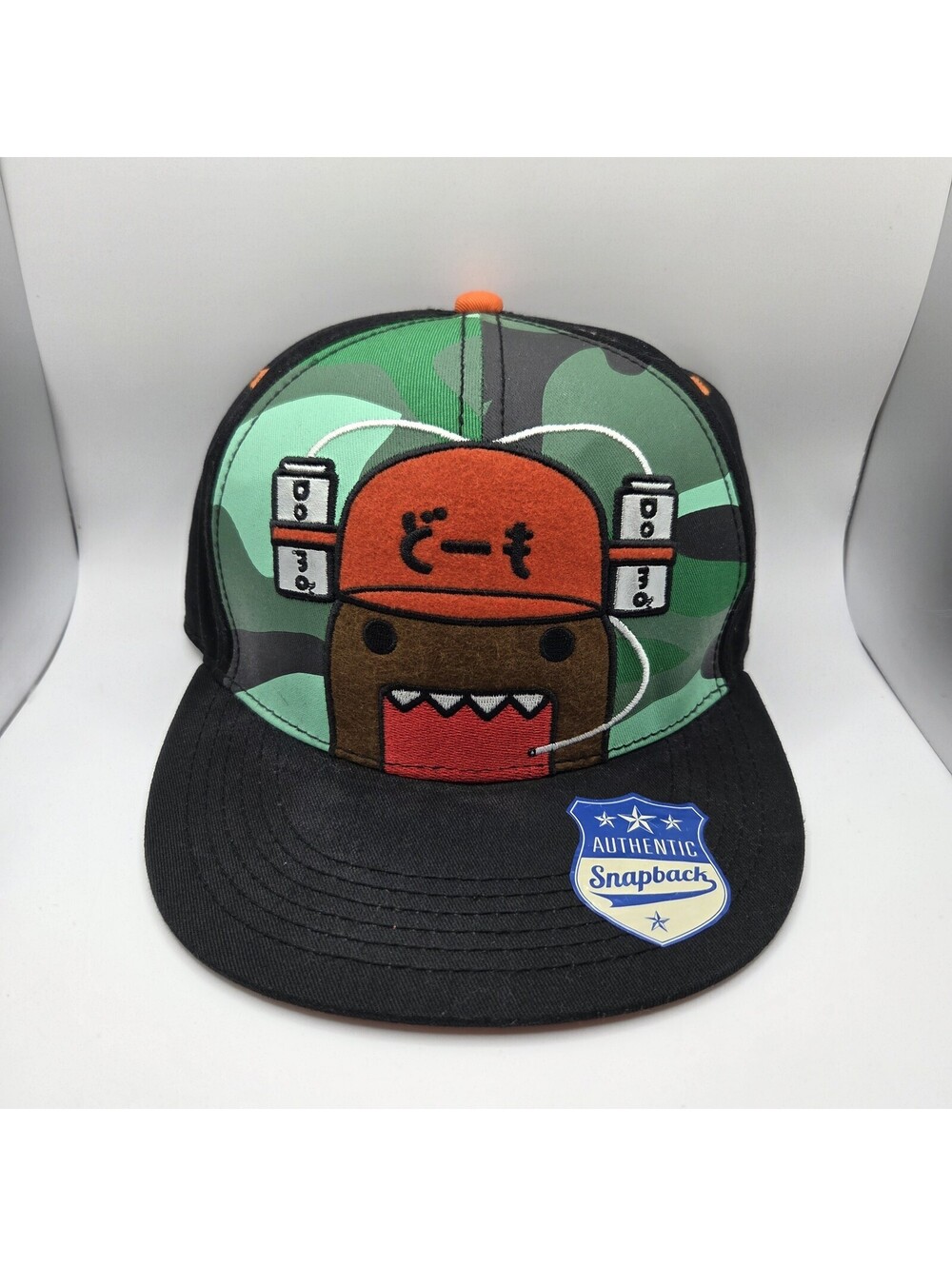 Y2K Domo Snapback Japanese Flat Bill Character Hat Cap - Camo Black Drink Hat